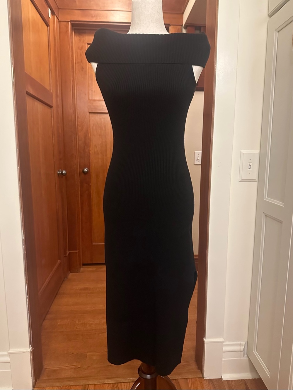 Black Eco Fabric Ribbed Knit Shawl/ Off the Shoulder Midi Dress with Slit